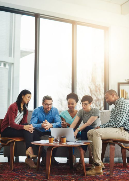 Company, planning and people with laptop at table for project discussion, research and IT review. Office, diversity and developer with tech for software development, report or open source information.
